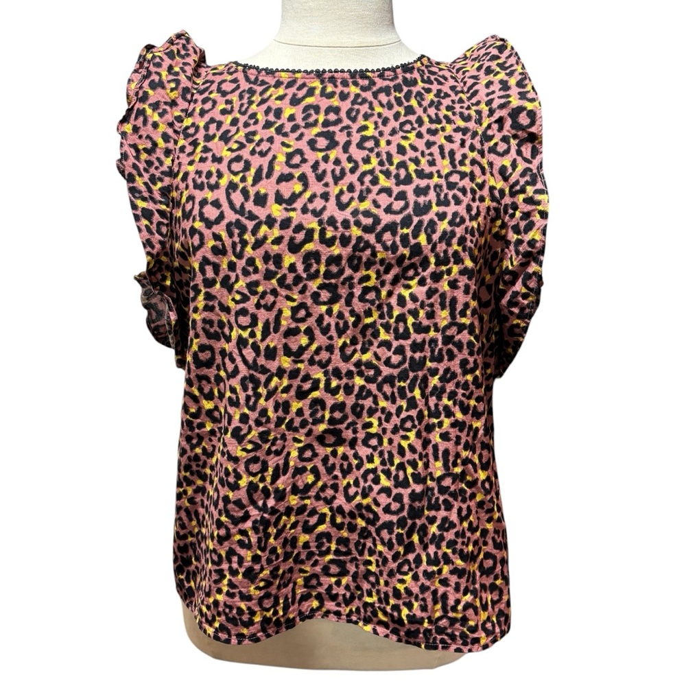 LOFT Pink Leopard‎ Print Ruffle Flutter Sleeve Cotton Top XL Animal #836